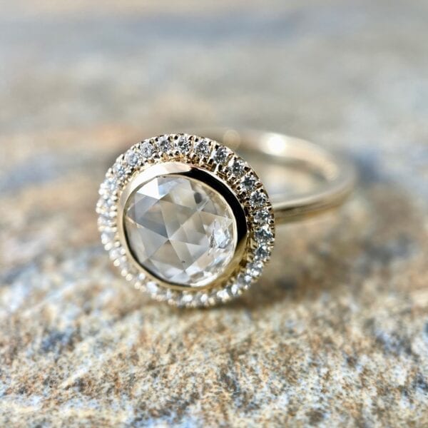 Rose cut diamond halo ring