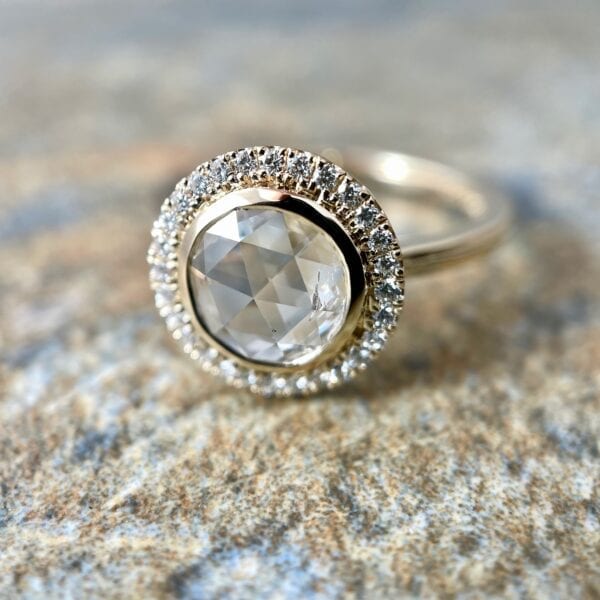 Rosecut diamond halo ring