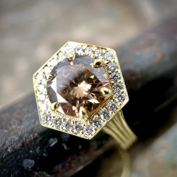 brown diamond hexagon halo ring