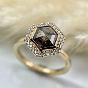 Hexagon rose cut diamond halo ring