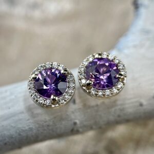 Purple sapphire halo earrings